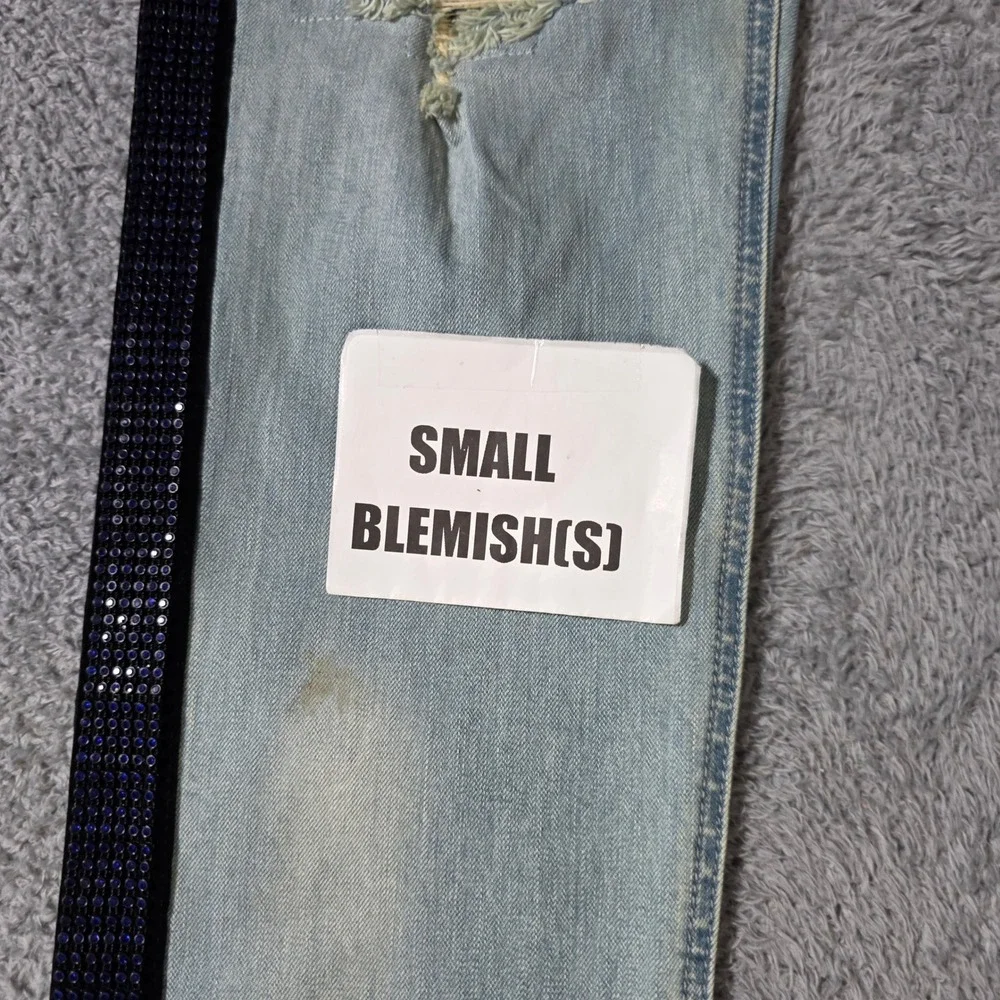 DNA Mens 40 Distressed Jeans Light Wash Blue Rhinestone Side Stripe Streetwear